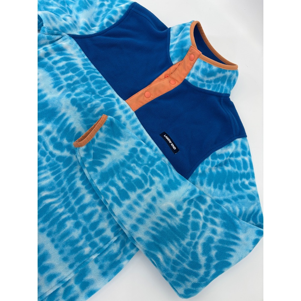 Lands' End Mens Blue Tie Dye Fleece Snap Neck Pullover Sweater Small S 34-36